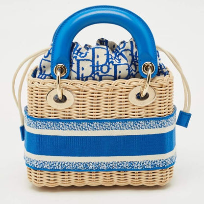 Dior Blue Cream Rattan Mini Lady Dior Tote