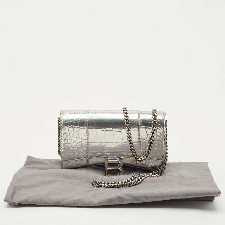 Balenciaga Silver Croc-Embossed Patent Leather Hourglass