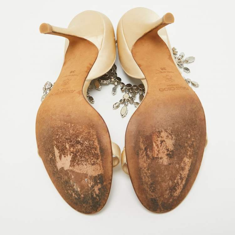 Jimmy Choo Gold Satin Crystal Sandals Size 38 – Embellished Heels