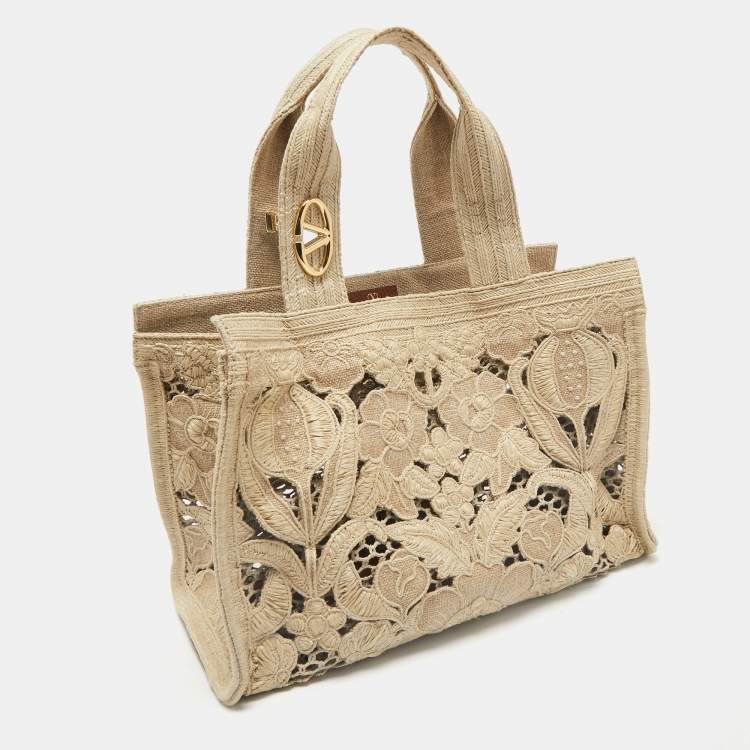 Valentino Beige Canvas & Raffia Flower Tote