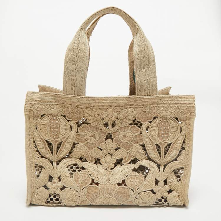 Valentino Beige Canvas & Raffia Flower Tote
