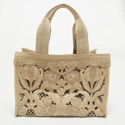 Valentino Beige Canvas & Raffia Flower Tote