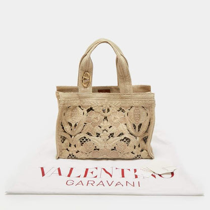 Valentino Beige Canvas & Raffia Flower Tote