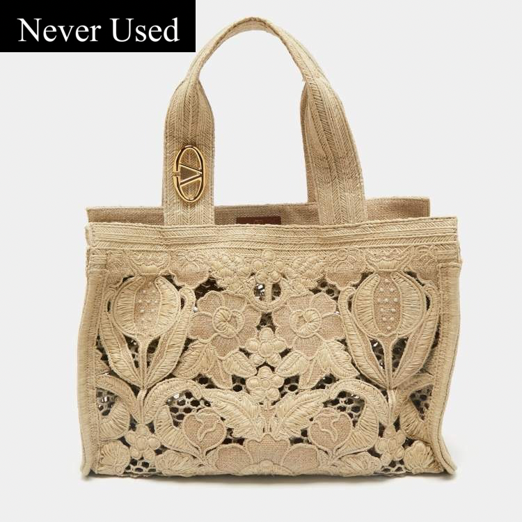 Valentino Beige Canvas & Raffia Flower Tote